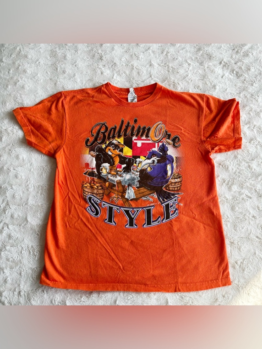 Baltimore Orioles Ravens Shirt Tee Adult Medium Orange Crab Feast Old Bay Flag